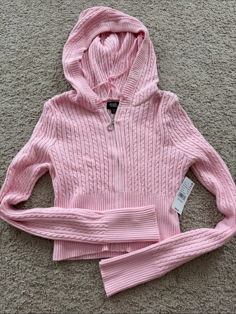 Pink Cable-Knit Half-Zip Hoodie Sweater - Beverly & Beck XS NWT
